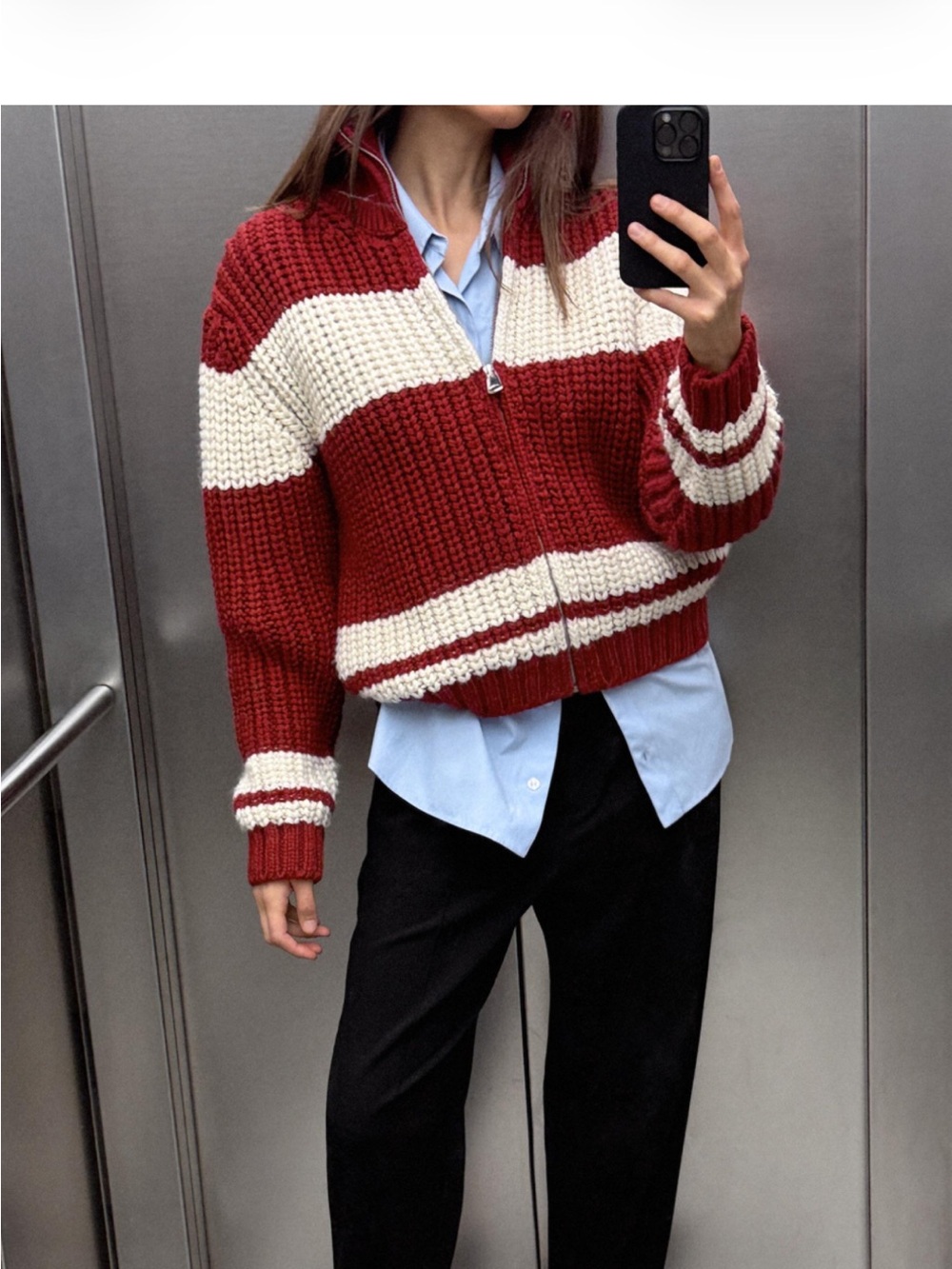 Zara Red & Cream Striped Chunky Knit Zip Sweater